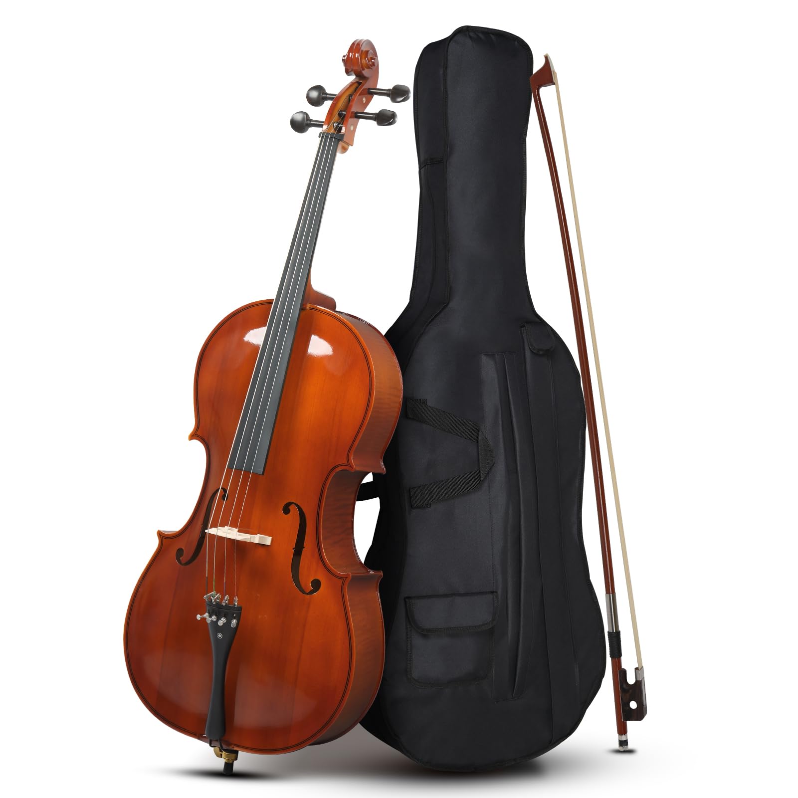 LALAHO 4/4 Solid Wood Cello, Acoustic Cello Full Size cello with 7mm Padding Case, Extra String, Bridge, Bow and Rosin for Beginner Adult(Varnish)
