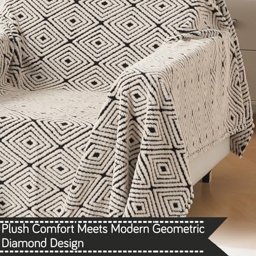 Image of HOKIPO Soft Plush Sofa Throw Cover for 1 Seater Sofa - Luxury All-Season Sofa Cover, 'Noirea Series' Geometric Diamond (180x180 cm) (AR-6651-D6)