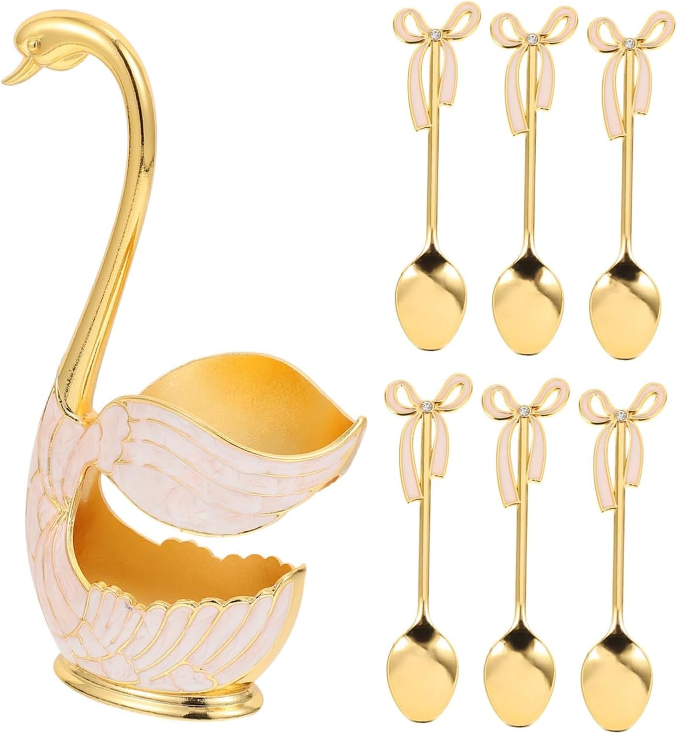 Swan Spoon Rest Set, Creative Cute Dessert Cake Fork, Swan Base Holder, Gold Trim Mini Forks Espresso Spoons, Spoon Set Ornament, Retro Decor Statue Decor