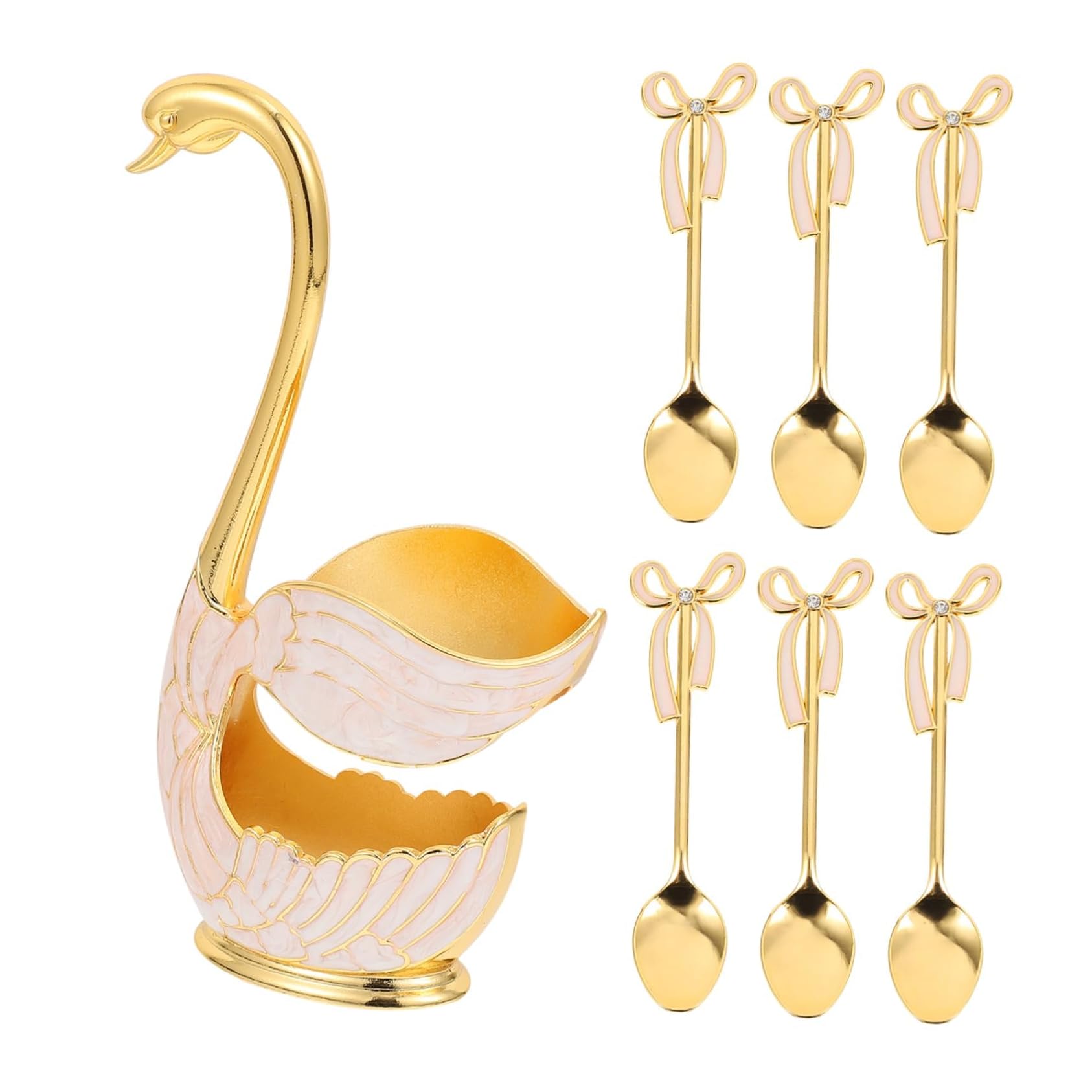 Swan Spoon Rest Set, Creative Cute Dessert Cake Fork, Swan Base Holder, Gold Trim Mini Forks Espresso Spoons, Spoon Set Ornament, Retro Decor Statue Decor