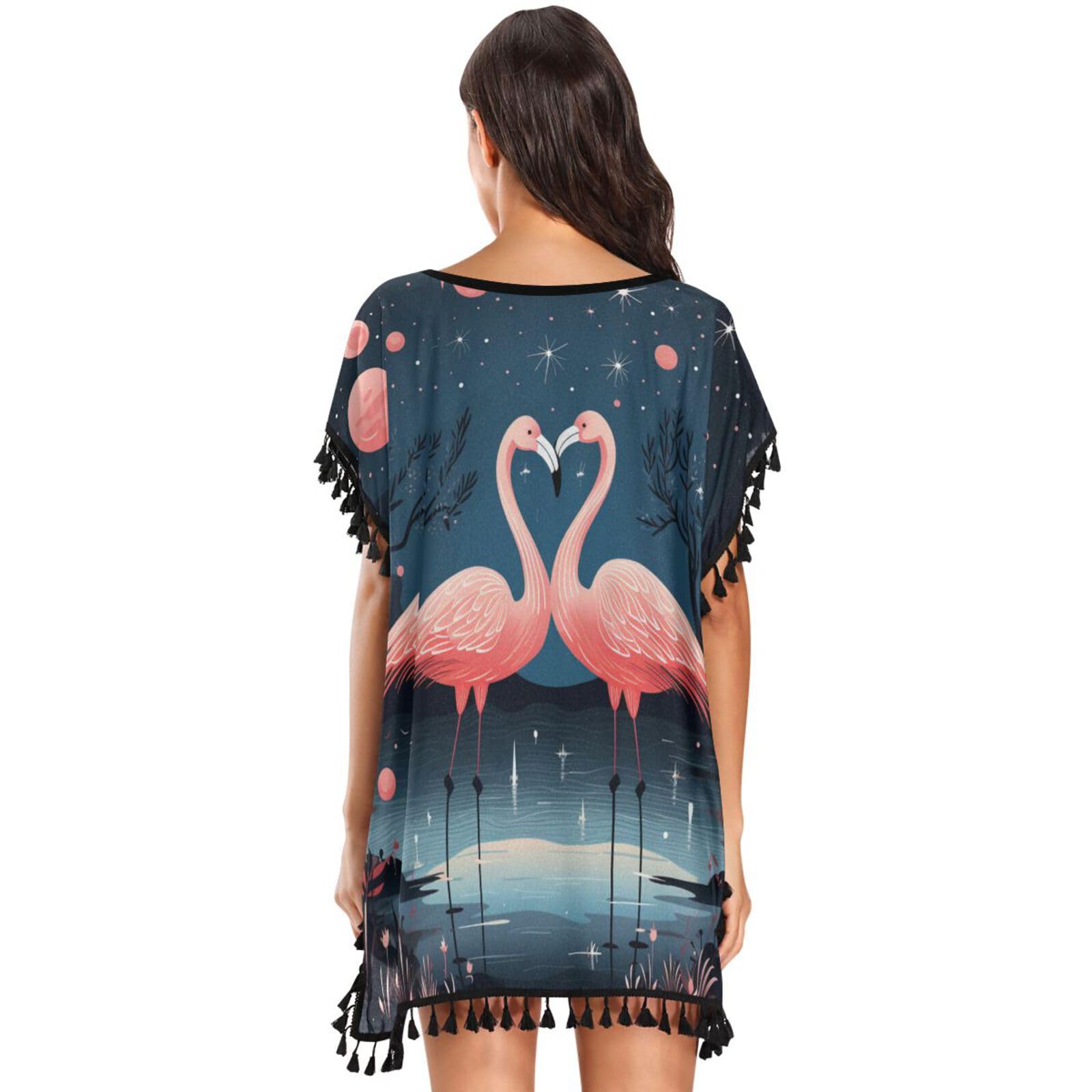 Children Cartoon Flamingo Women's Beach Cover Up Chiffon Tassel Swimwear Swimsuit Coverups for Girl