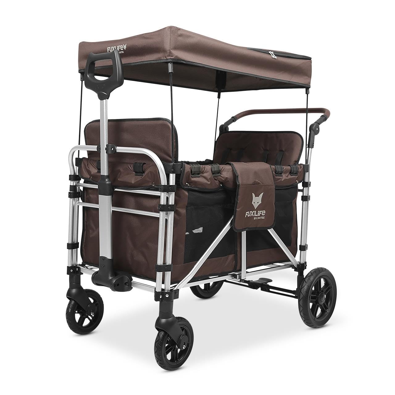 FUXLIFE FX-CTXL900 Premium XL Folding Wagon for 4 Kids with Raised Double Seats, 5-Point Safety Belts & Sun Canopy – Foldable Handcart with Solid Rubber Tyres – Brown