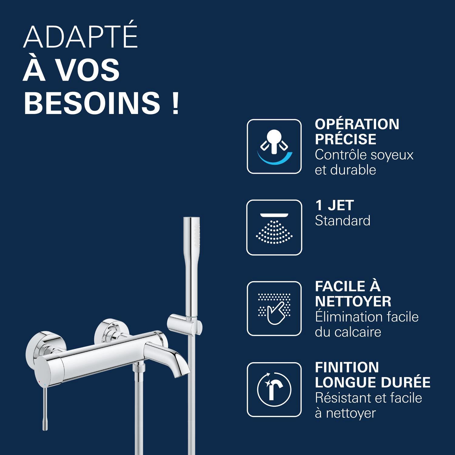GROHE Essence Mitigeur Bain/Douche à levier unique avec Kit de Douche avec Mitigeur de Douche, tuyau et fixation Murale, Chrome, 33628001