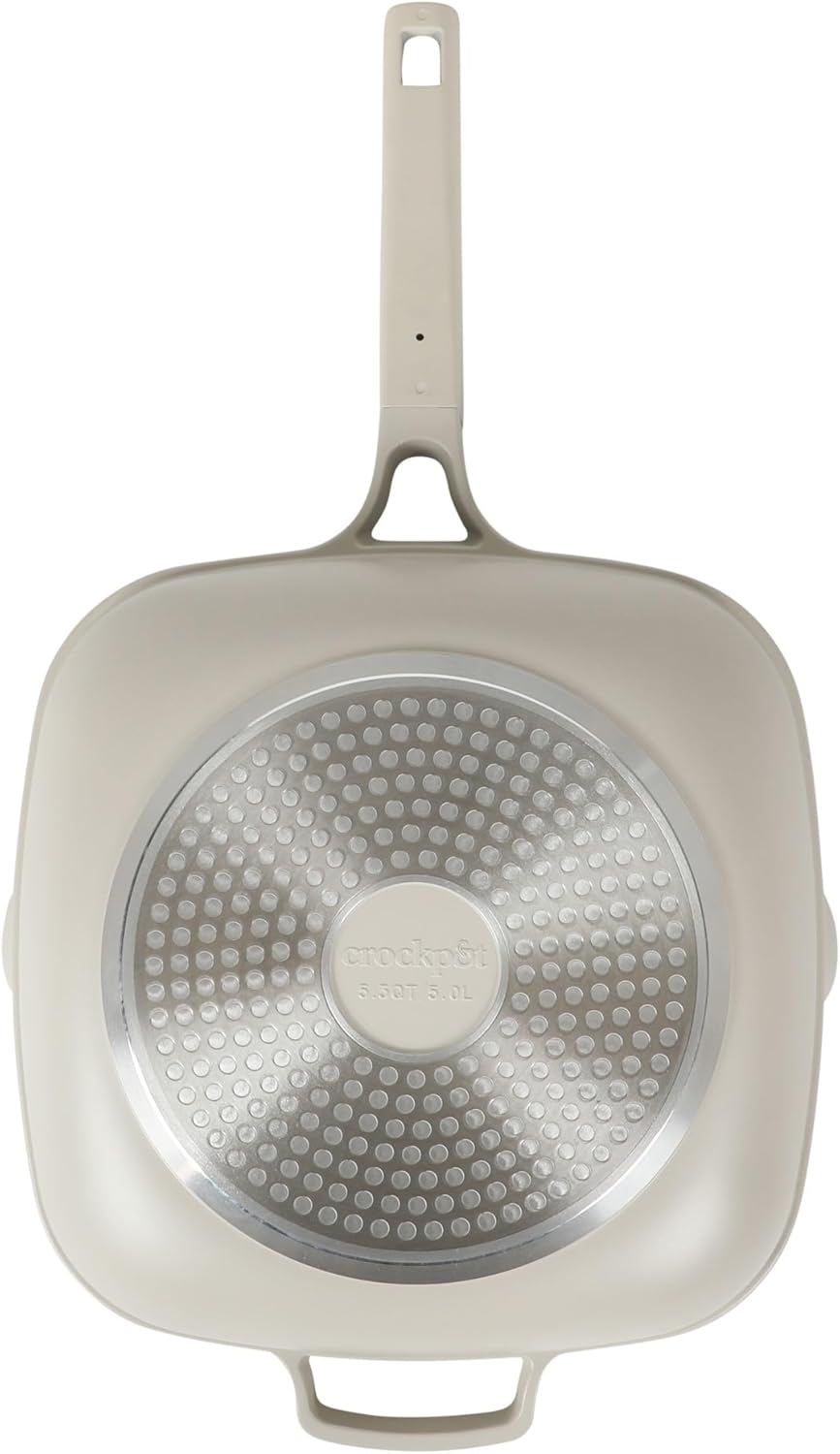 Crock Pot Northvale 5.3 Quart Ceramic Nonstick Sauté Pan with Steamer Basket & Lid, Cast Aluminum Pan with Induction Base and Soft-Touch Handle, Linen White