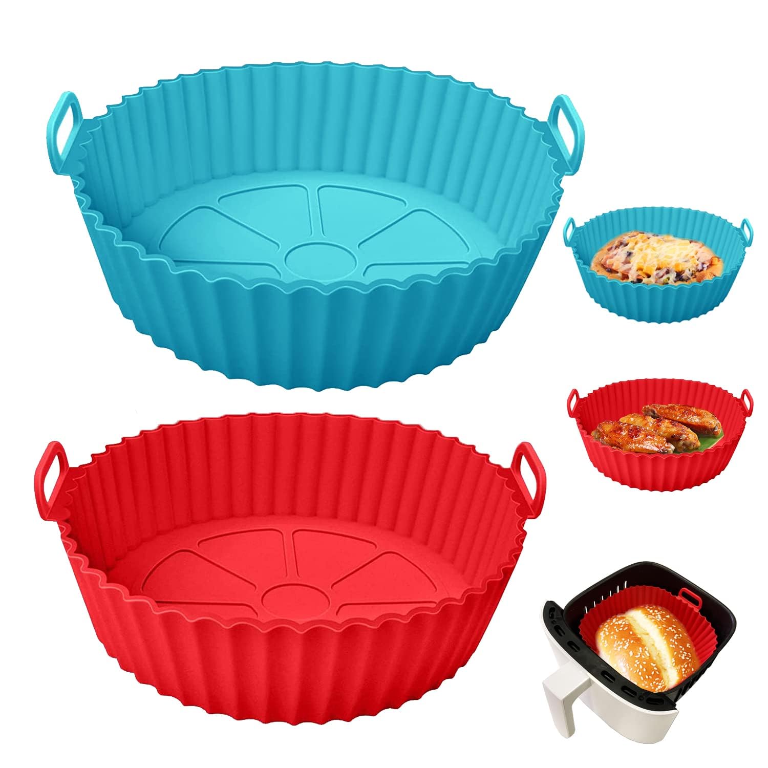 (Pack of 2Pc) Silicone Air Fryer Pot | Round Non Stick Basket Baking Tray | Cooking Oven Insert Accesories (Multicolour)