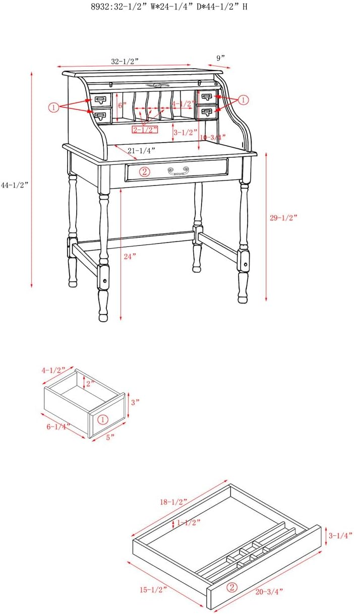 Mini Roll Top Desk Solid Oak Wood 32x24x44 Burnished Walnut Finish Small Desk for Home Office, Kitchen, Bedroom, Living Room, or Den