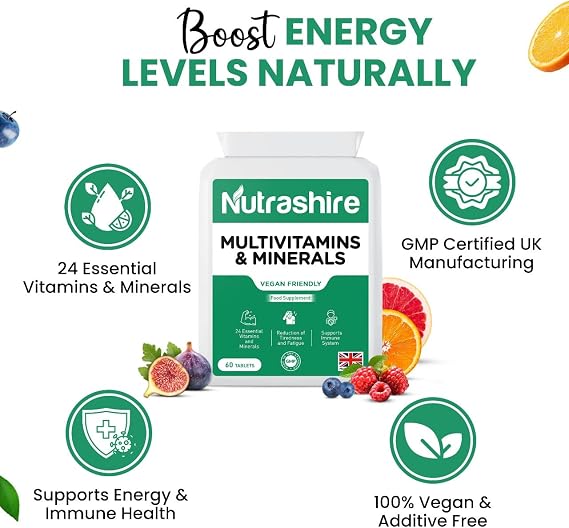 Vegan Multivitamins and Minerals – 60 Multivitamin Tablets for Men & Women with 24 Essential Nutrients Including B12, Iron, Calcium and Zinc – Made in UK