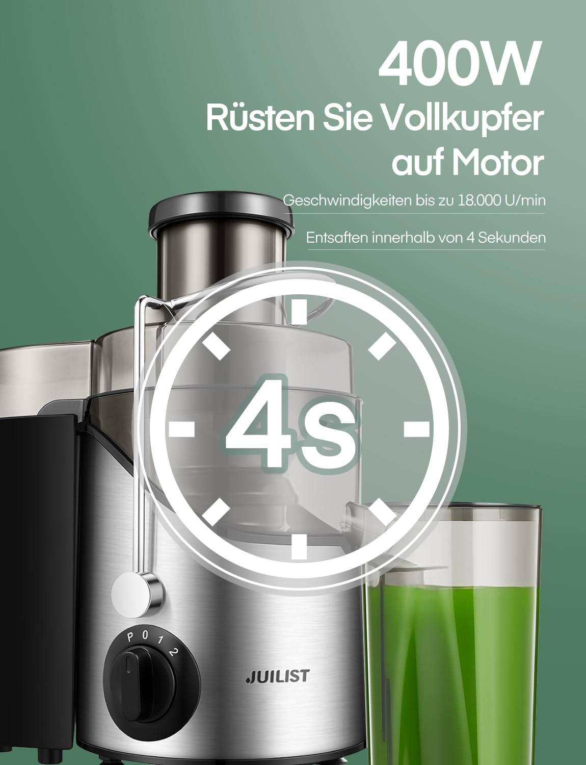 JUILIST Entsafter Gemüse und Obst, 65 mm Einfüllschacht, 3 Einstellungen, Mit Reinigungsbürste, Leicht zu Reinigen