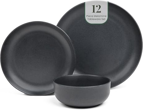 Larder & Vine 12-Piece Melamine Dinnerware Set Durable, Lightweight, Break-Resistant Plates & Bowls Stylish, Non-Toxic, Dishwasher Safe Ideal for Everyday Use, Indoor & Outdoor Dining Black