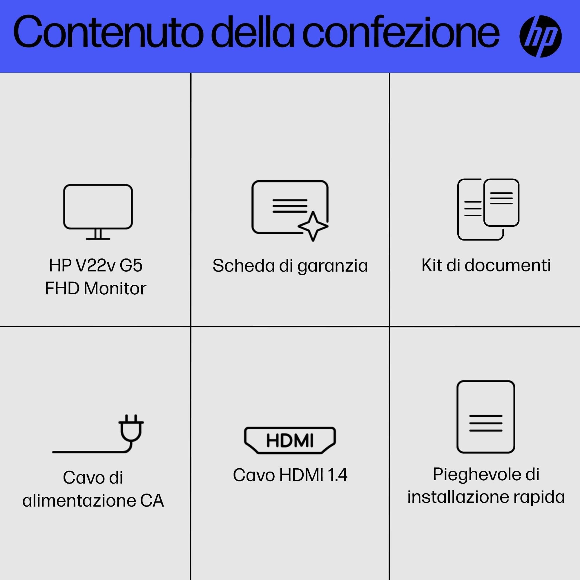 HP V22v G5 Monitor da 22", FHD, 16:9, Antiriflesso, Pannello VA da 75Hz, Tempo di Risposta 5 ms, Reclinabile, VESA 10x10 cm, AMD FreeSync, 200 Nits, Modalità Low Blue Light, VGA, HDMI 1.4, Nero