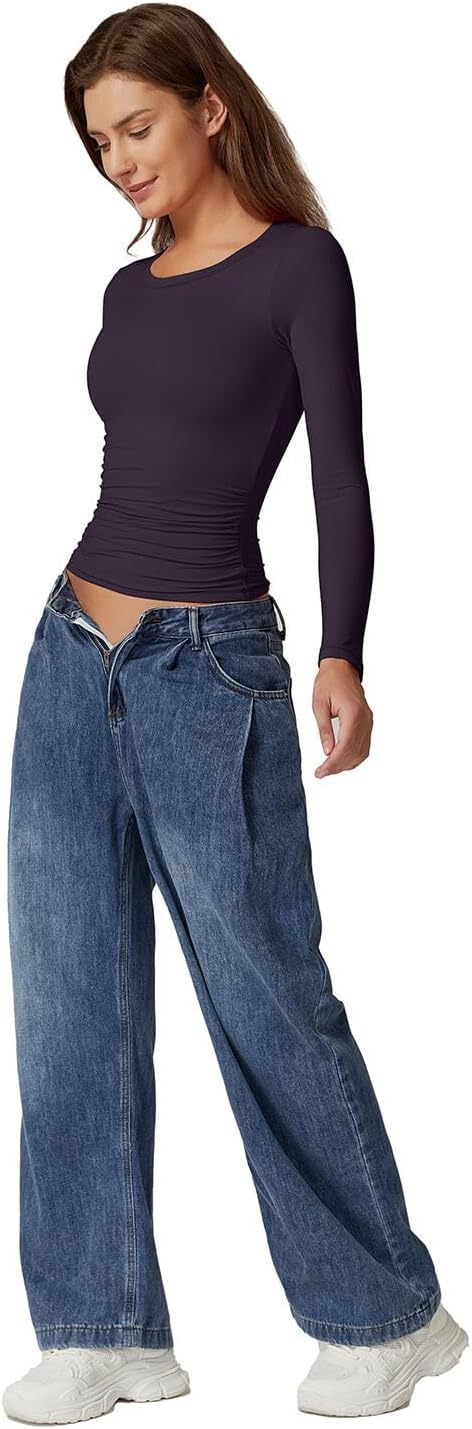 QINSEN Womens Crewneck Long Sleeve Shirt Double Lined Basic Tees Side Ruched Going Out Crop Tops - Image 6