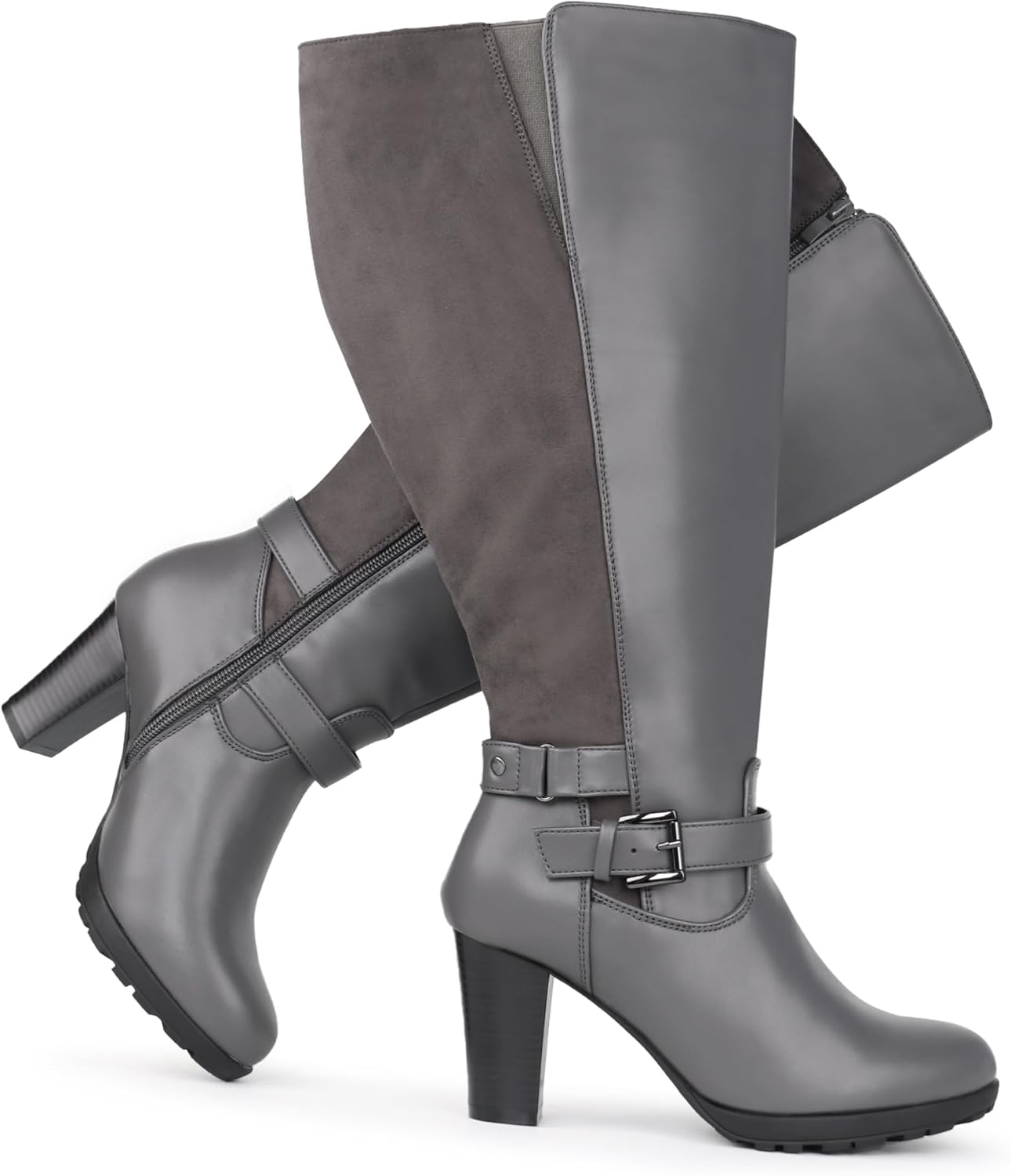 Women's Plus Size Extra Wide Calf High Heel Dress Boots with Ankle Buckle