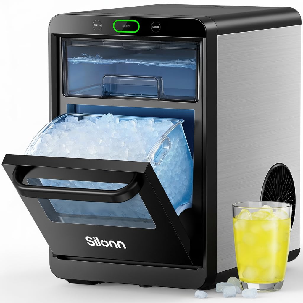 Silonn Nugget Ice Maker Countertop - 44lbs/24h Crushed/Pebble Ice Machine, Front Pull-Out Water Tank & Removable Basket, Stainless Steel Finish for Home Kitchen | Fridge.com