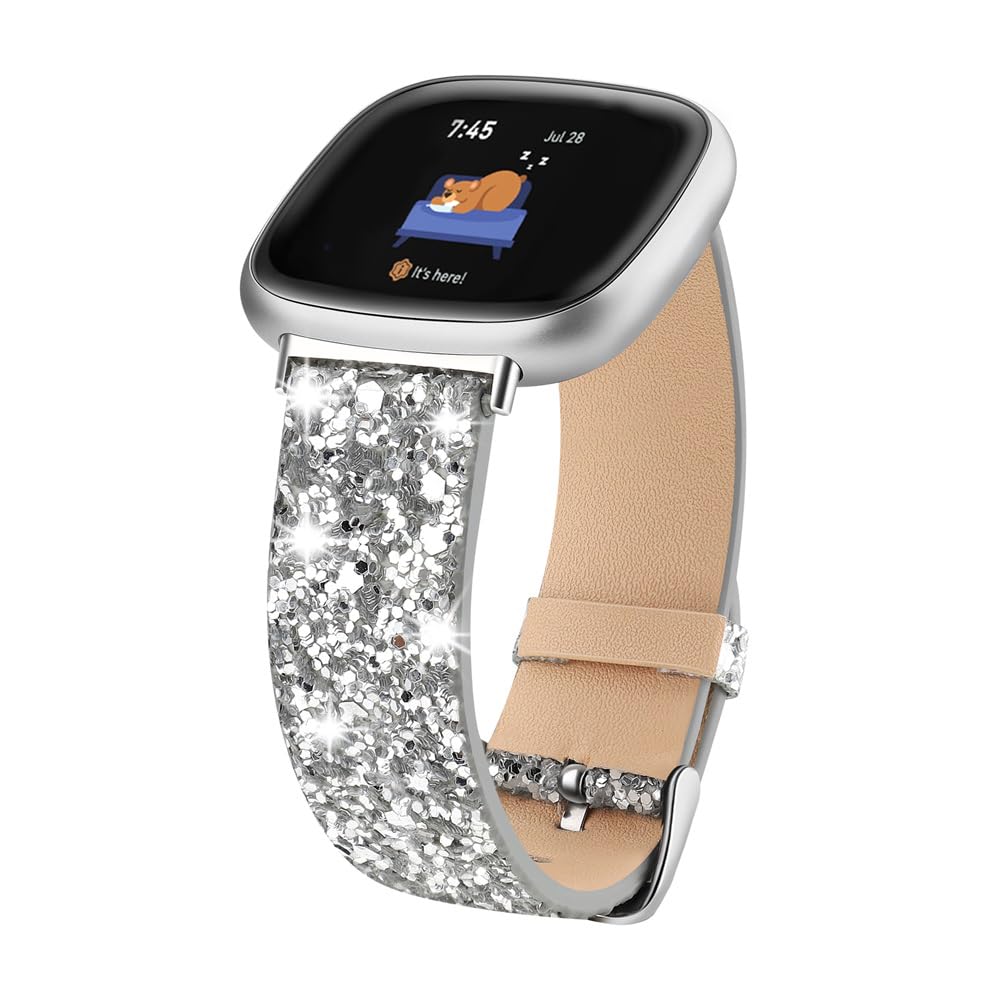 Lcklill Compatible with Fitbit Versa 3/Versa 4/Fitbit Sense/Sense 2 Bands, Women Bling Glitter Leather Strap Smart Watch Accessorie Bands (Silvery)