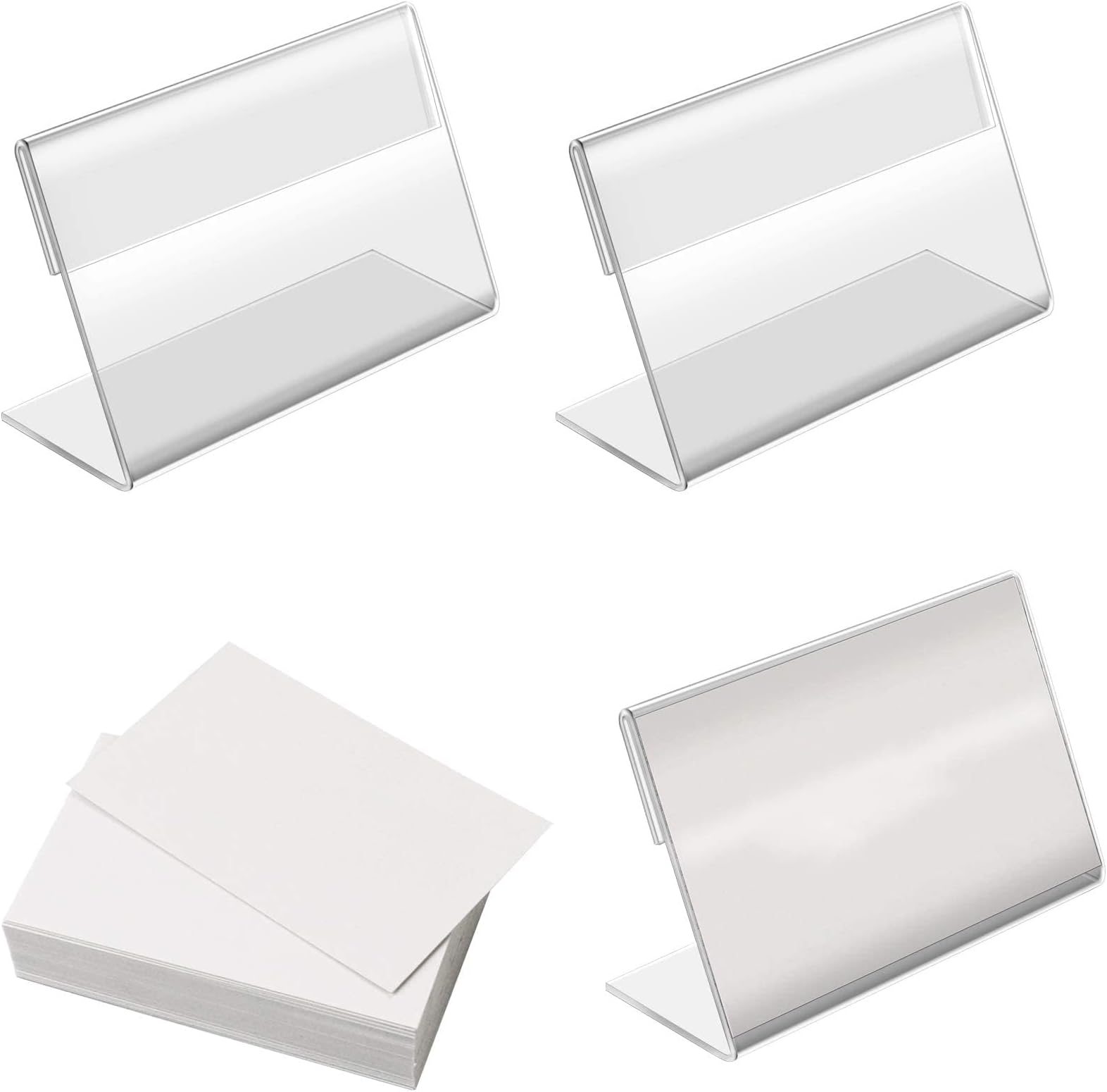 Khazna 20pack Mini Clear Sign Display Holder with Blank Labels, 8cm*5cm Horizontal Slanted L-Shape Plastic Name Card Price Card Tag Label Counter Top Stand