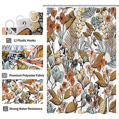 Ohshining Boho Shower Curtain Brown Floral Shower Curtain Fabric Autumn Leaves Flowers Blossom Fall Shower Curtains For Bathtroom Waterproof Retro Botanical Shower Curtain Set With Hooks 72X72,Brown #TOP2