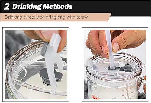 Miniatura 3 de Vaso de paja para niños con tapa y asa, bonito vaso de vidrio de 12 onzas con escala para agua, té, café con leche (elefante)