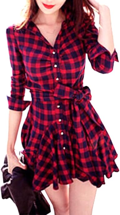 CUPSHE Damen Hemdkleid Karo - V-Ausschnitt Langarm Blusenkleid Mit Knopfleiste