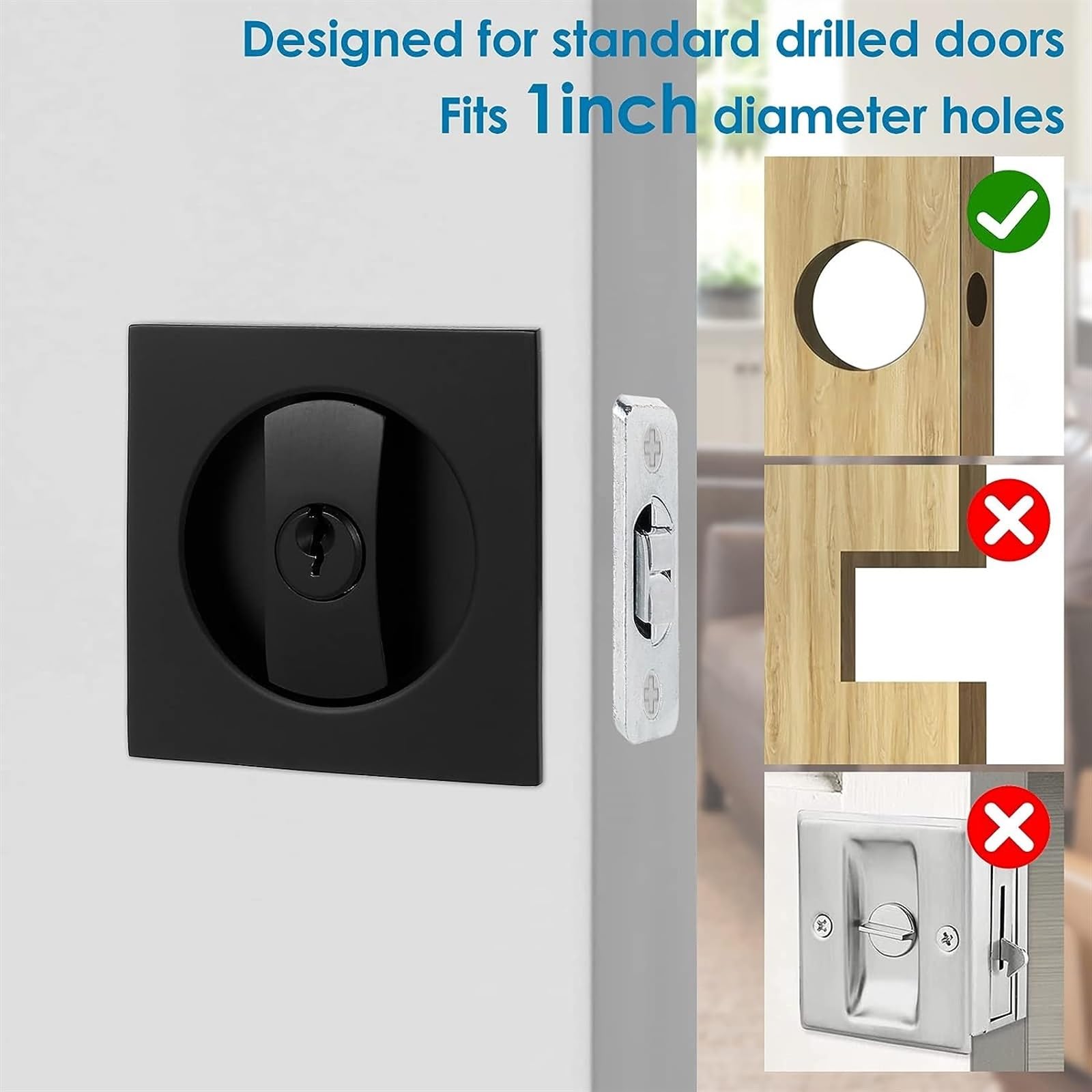 Sliding Door Mortise Lock – Zinc Alloy, Square Single Hook, Classic Black, For Wooden & Sliding Doors, 35-40mm Thickness