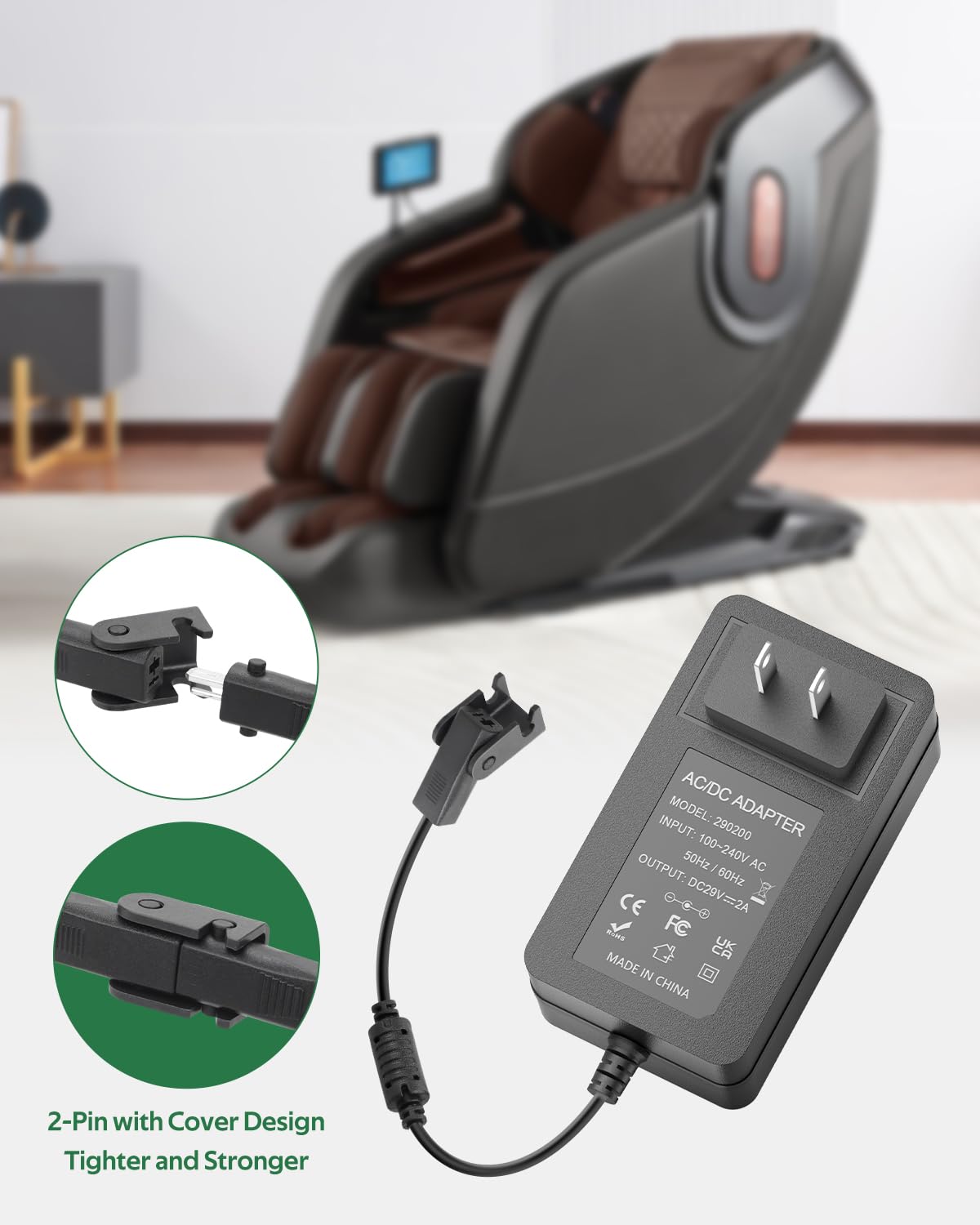 Fuente de alimentación reclinable de alimentación, 29 V, 2 A, cable de alimentación reclinable de repuesto, cable de alimentación universal de 2 pines, para silla elevadora, base de cama ajustable