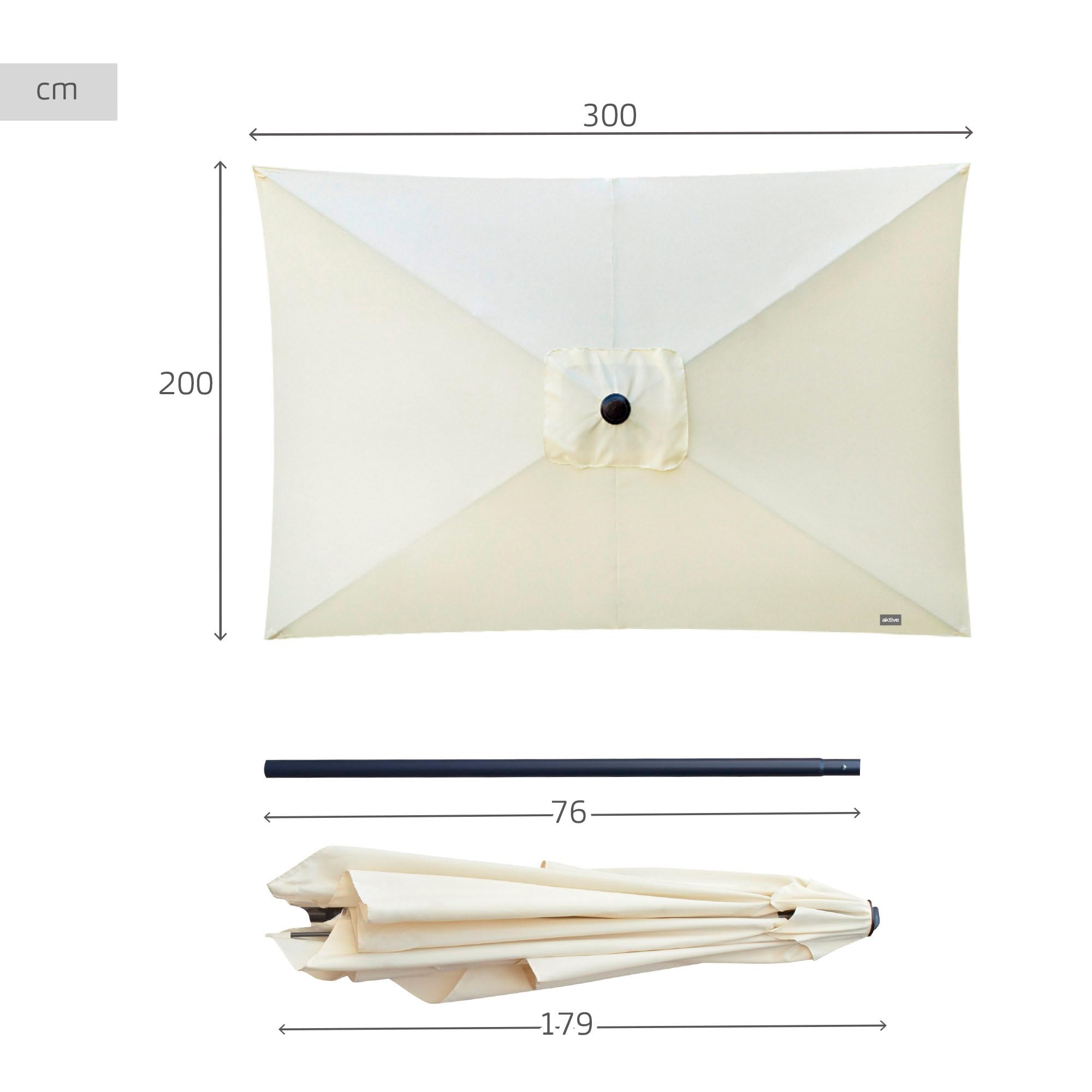 AKTIVE 53877, Sombrilla rectangular, Parasol terraza, Toldo 3x2 m, Sombrilla jardín, color crema, mástil aluminio, 300x200cm
