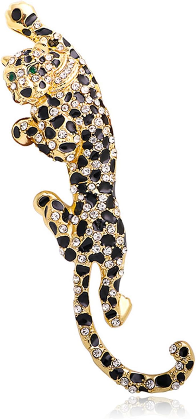 Luxury Crystal Tiger Brooch Pins for Women Men Vintage Gold-Tone Climbing Black Spots Leopard Brooch Fashion Panther Cougar Pin Suit Jackets Coat Animal Jewelry Gift