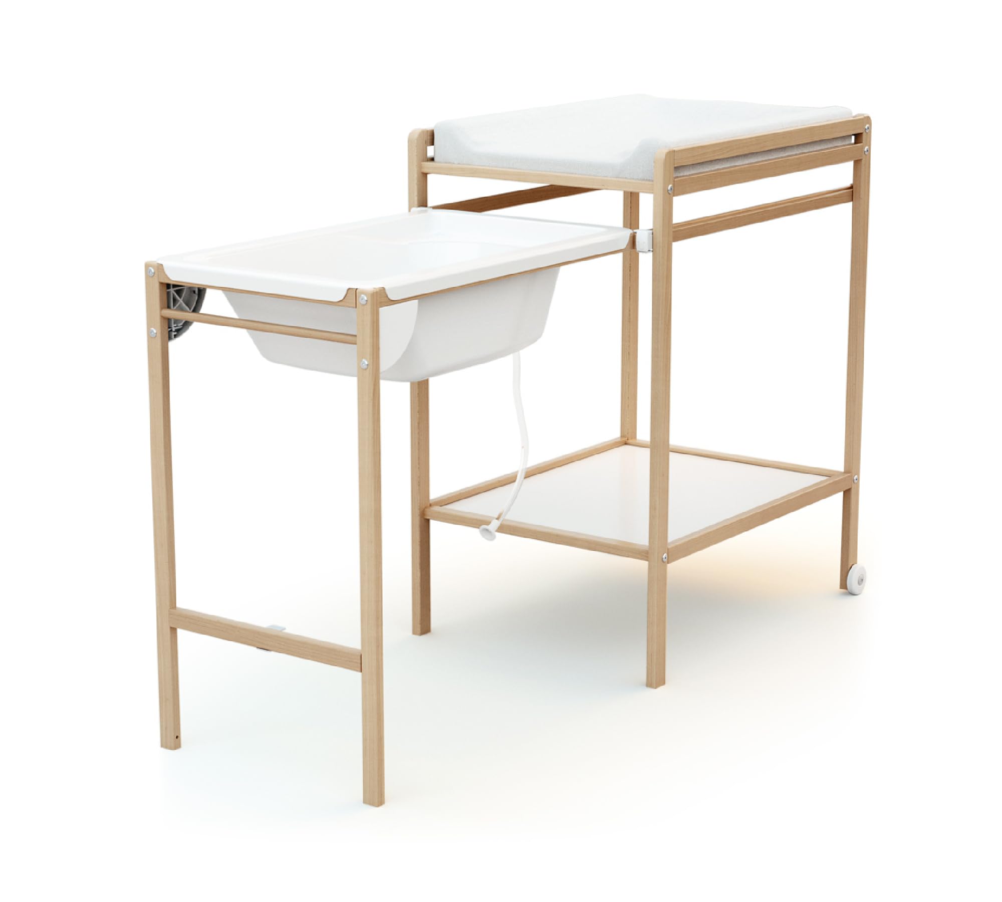 AT4 - Table à Langer avec Baignoire ESSENTIEL Hêtre verni| Dimensions dépliée (L x l x H) : 148 x 58 x 94 cm | Pliée (L x l x H) : 76 x 58 x 94 cm | Table avec roulettes | Avec tuyau de vidange