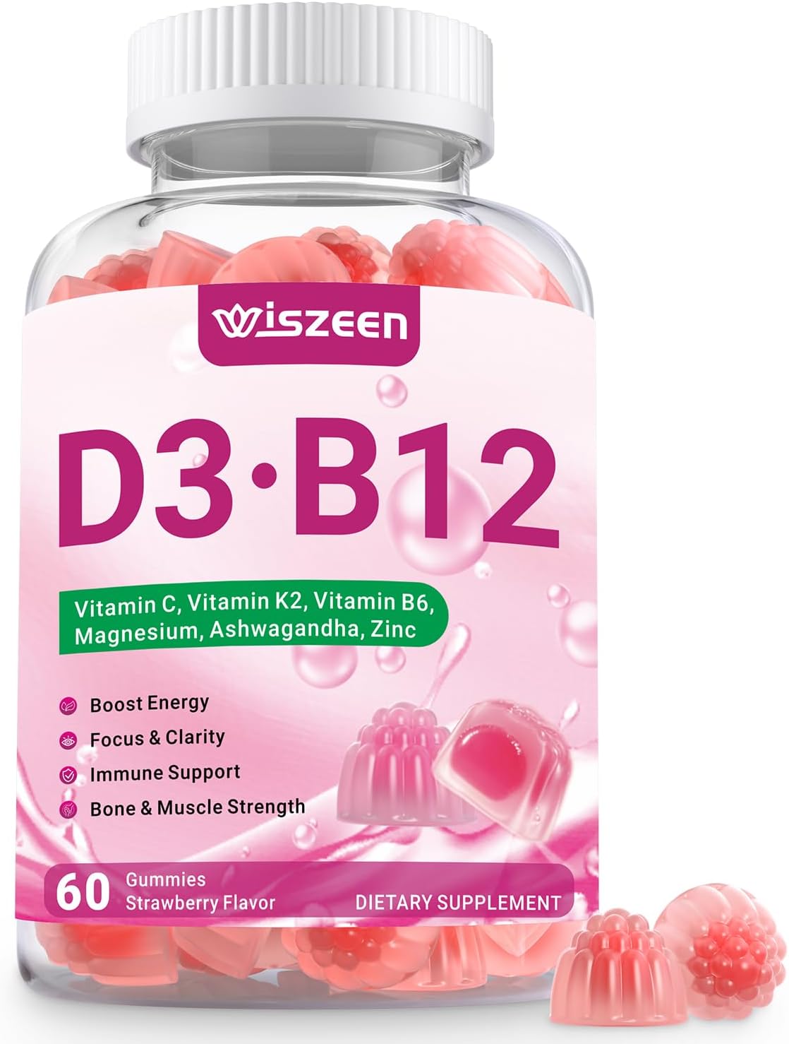 Vitamin D3 B12 Gummies, Vitamin D3 10000 IU & Methylated B12 500mcg for Adults, D3 B12 Vitamin Supplement with Ashwagandha, Magnesium, Vitamin K2 for Immune & Energy Support
