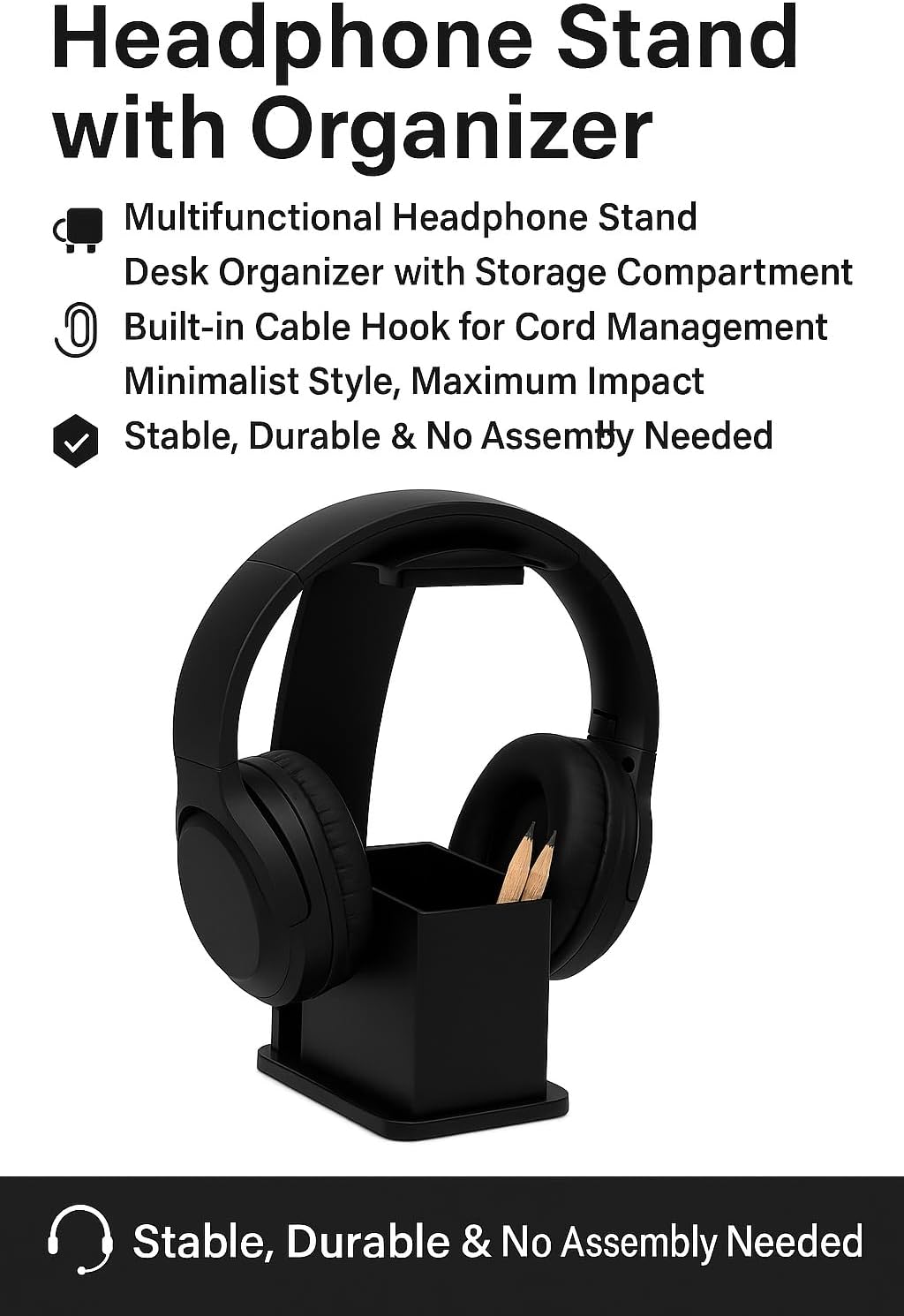 Headphone Stand for Desk, Gaming Desk Accesories Headset Stand & Home Office Organizer, Headphone holder, Universal headphone stand for AirPods Max, Beats, Bose-with Front Pocket & Rear Cable Hook