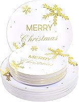 Vista 10 de WDF 50 platos de plástico plateado de Navidad, platos de plástico con copos de nieve, platos desechables blancos y plateados pesados para Navidad