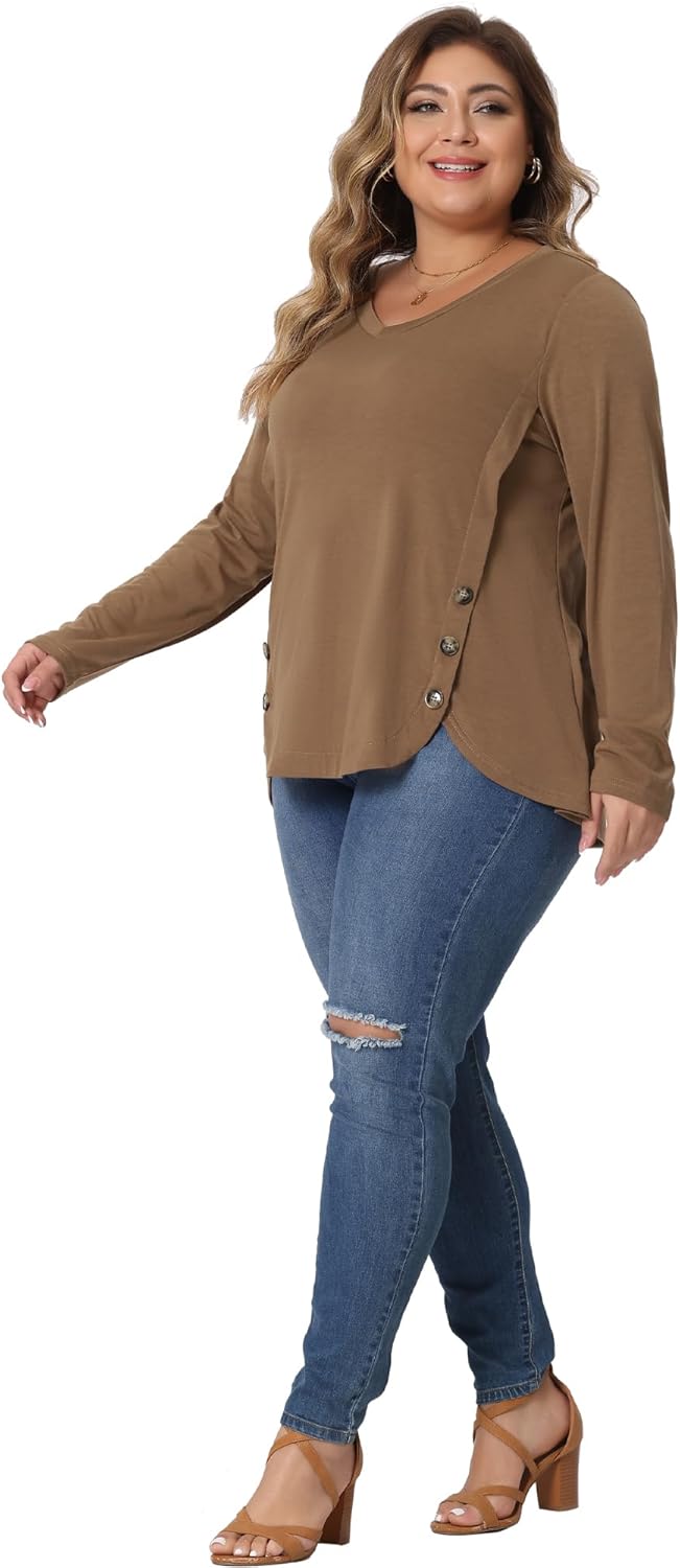 Agnes Orinda Plus Size Tunic Tops for Women Casual V Neck Loose Button Side Long Sleeve Basic Swing Blouses - Image 3
