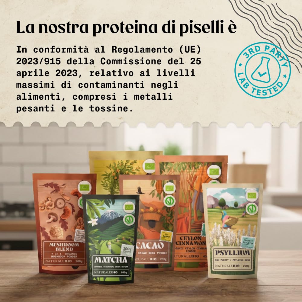 NaturaleBio Proteine di pisello 450g. Vegane, biologiche e non OGM. Ipoallergeniche e facilmente digeribili. Per la gestione del peso, il recupero e la crescita muscolare.