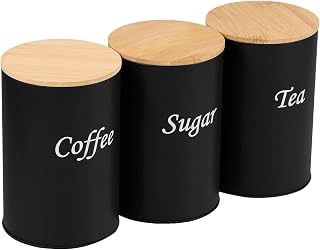 3 Juego de recipientes para cafe y azucar, con marcador de nombres, metal clásico de cocina con tapa para azúcar, café y té, para mostrador de cocina, casa de (Negro, Redondo)