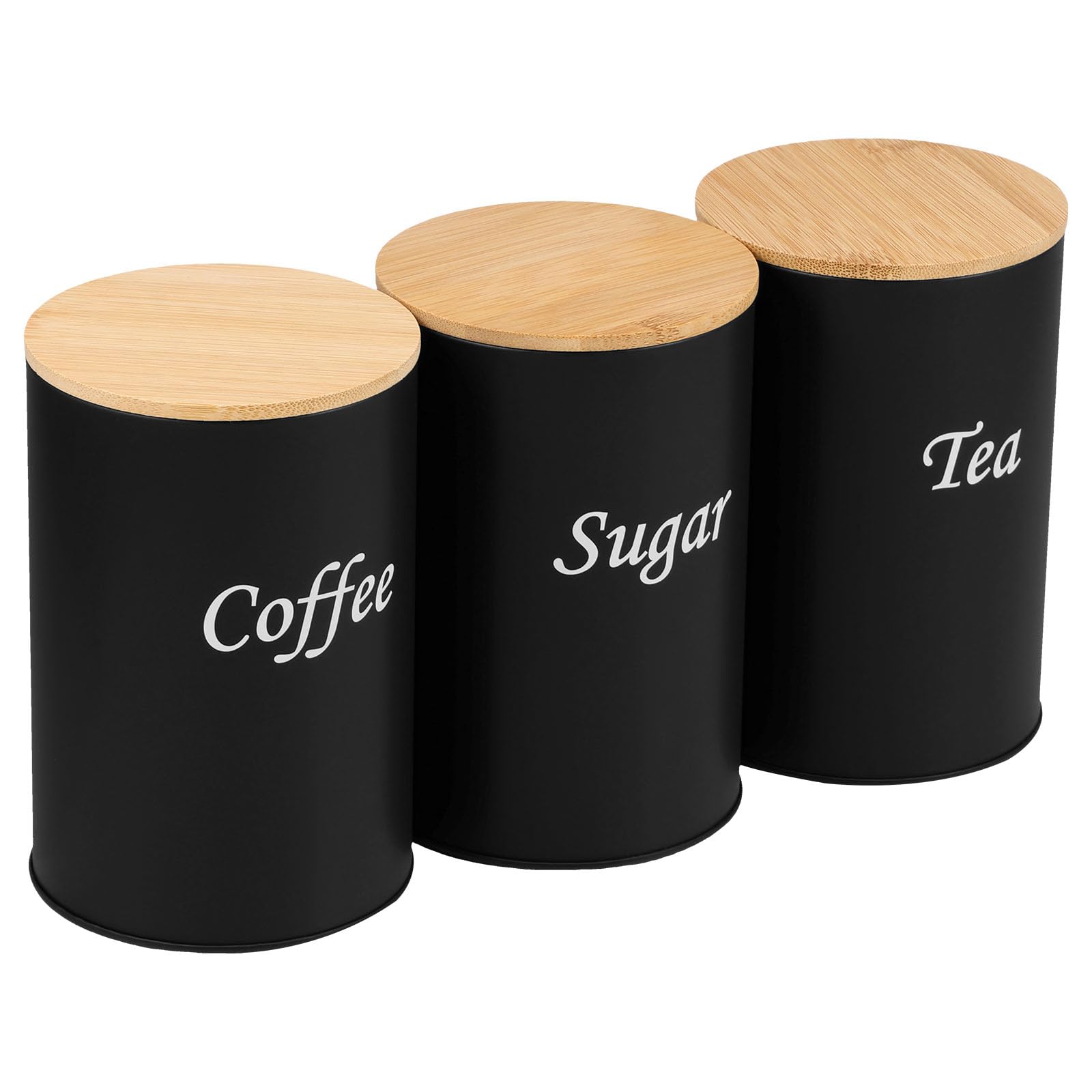 KTCINA 3Pcs Tea Coffee Sugar Canisters with Bamboo Lid, 1000ml Airtight Food Storage Jars Round Kitchen Canister Set Metal Food Storage Container Bin for Coffee Sugar Tea Beans Grains Pasta (Black)