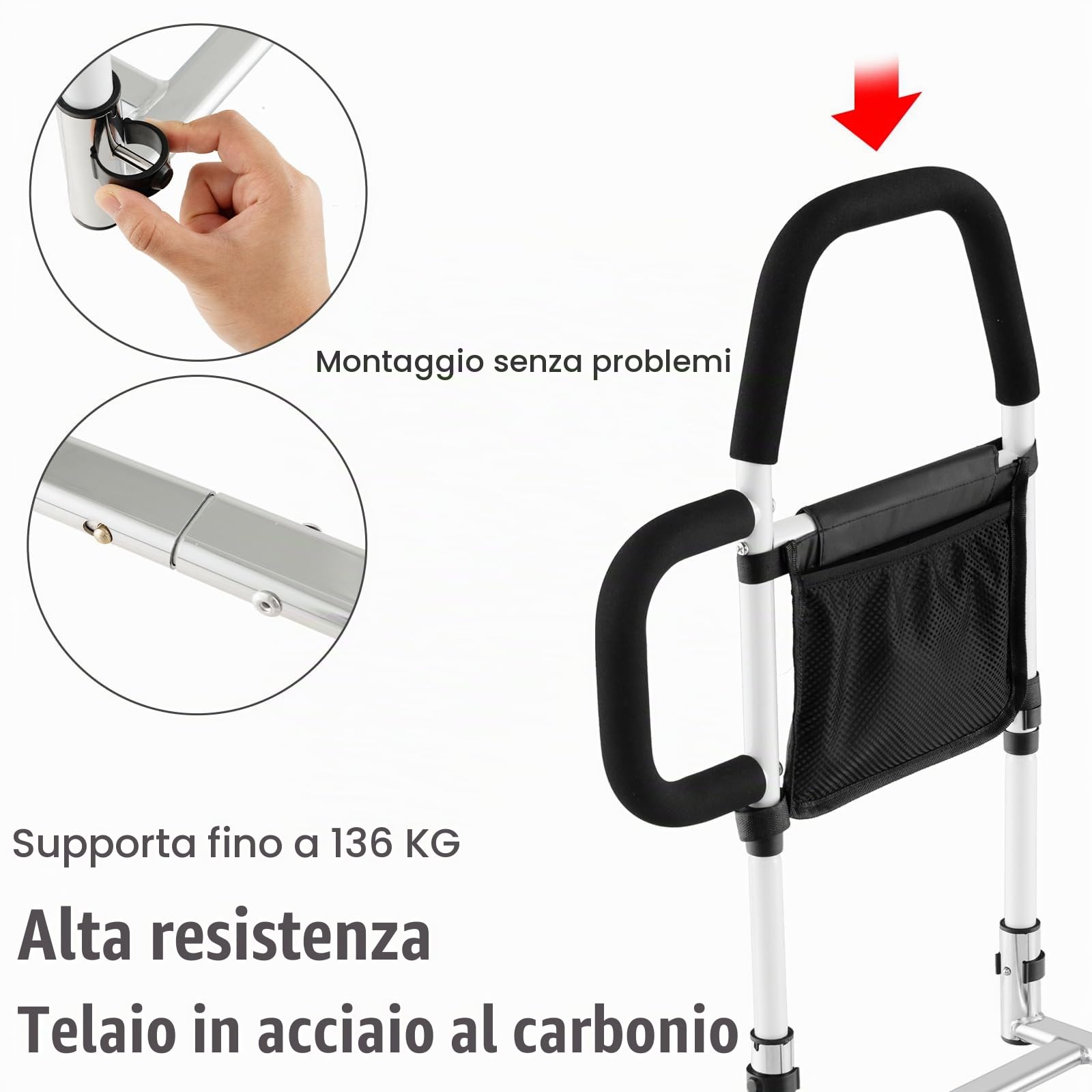 HOMASIS Sponda Letto Anziani, Sbarra Letto Anziani con Cinghia di Sicurezza e Borsa di Stoccaggio, Barriera in Metallo per Persone Disabili, Bambini, Portata 136 kg, Adatto a Varie Letti