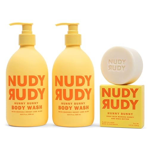 Nudy Rudy Hunny Bunny - Paquete de 2 unidades de jabón líquido con barra de jabón adicional, aloe vera y vitamina E, gel de ducha hidratante y gel