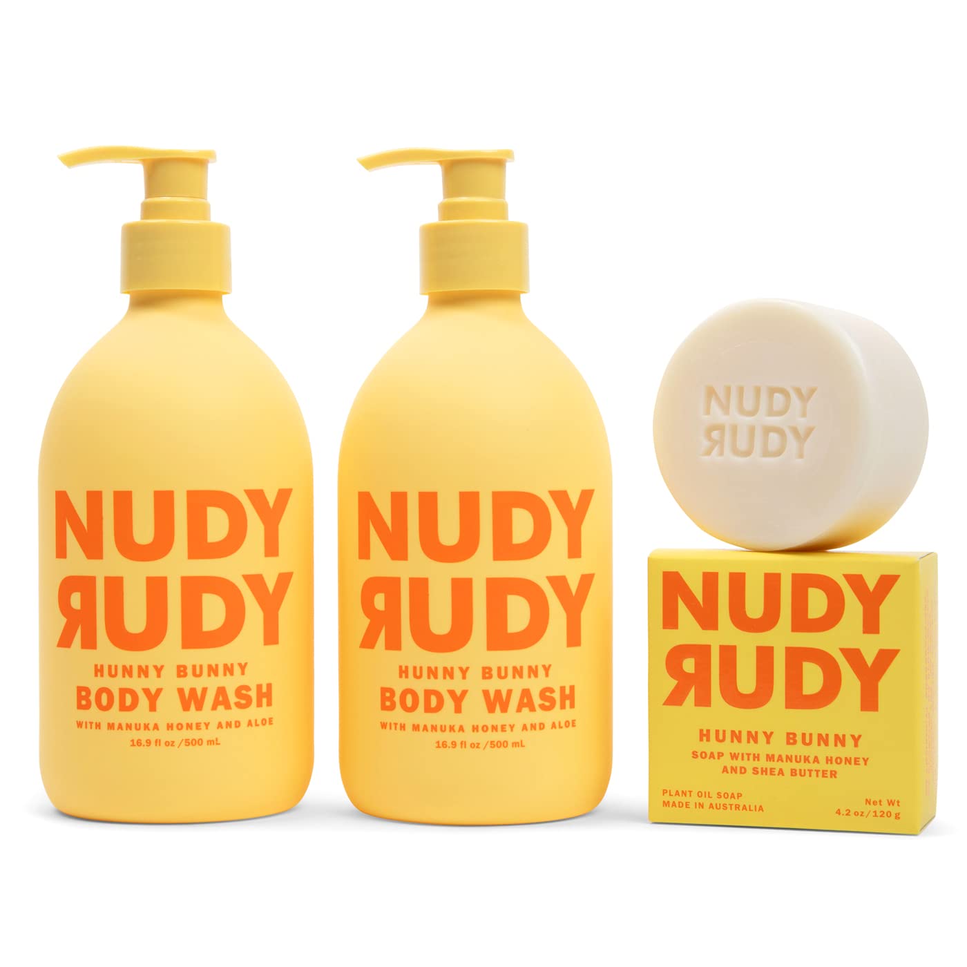 Nudy Rudy Hunny Bunny 2 Pack, Liquid Body Wash Bundle with Bonus Soap Bar, Aloe Vera and Vitamin E, Moisturizing Shower Gel and Body Wash and Bar Soap