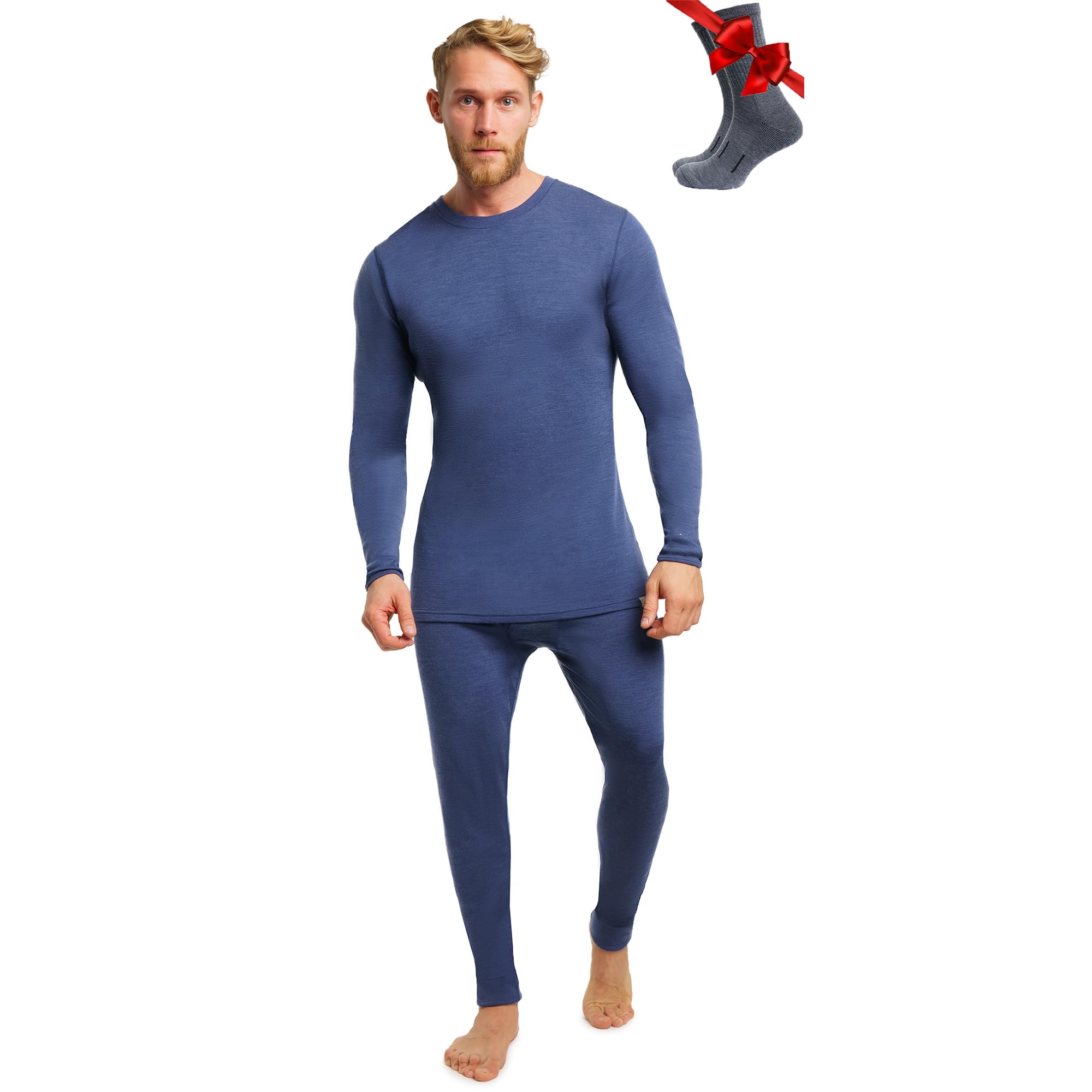 Merino.tech Merino Wool Base Layer Men Set - Merino Thermal Underwear Mens Top and Bottom Lightweight, Midweight, Heavyweight (Large, 250 Windsor Blue)