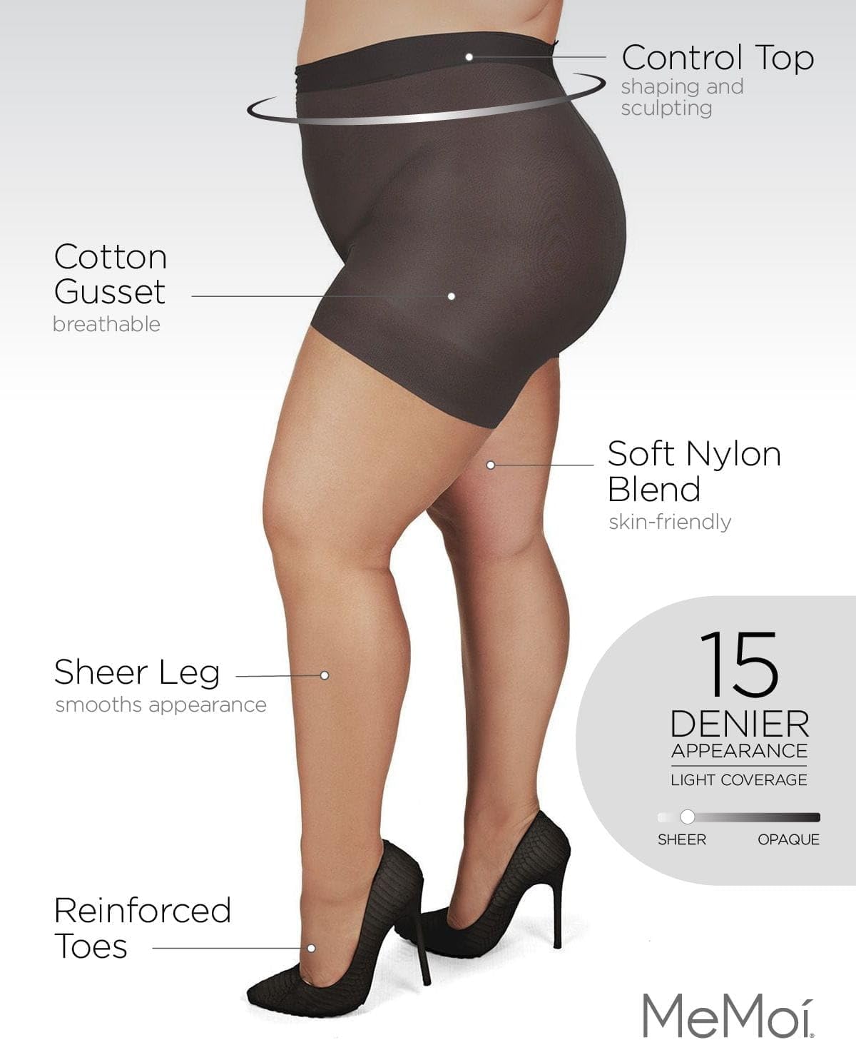 MeMoi Plus Size Curvy Ultra Sheer Control Top Pantyhose - Image 3