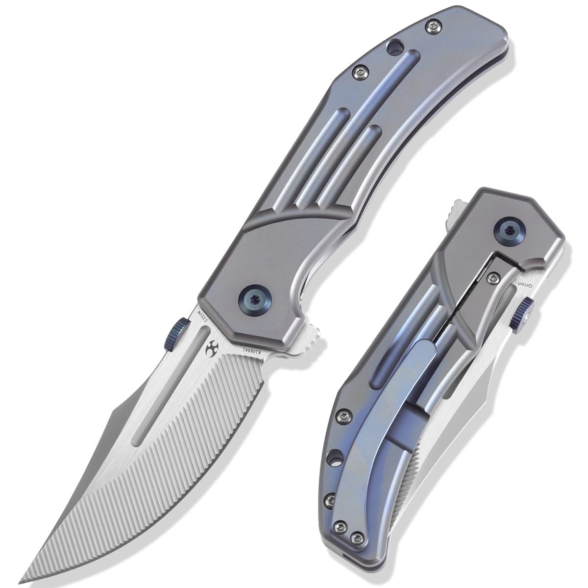 KANSEPT Orion Pocket Knife, 3.07'' CPM S35VN with CNC Milling Blade with Blood Groove, Blue Anodized Titanium Handle and Flipper or Thumb Disk, for
