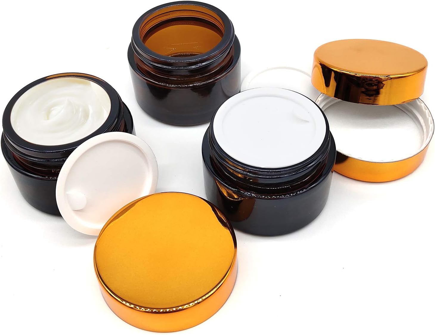 Vasetti di Vetro Ambrato, Flacone da Viaggio da 50 ml con Coperchio Interno Bianco per Crema Fai da te