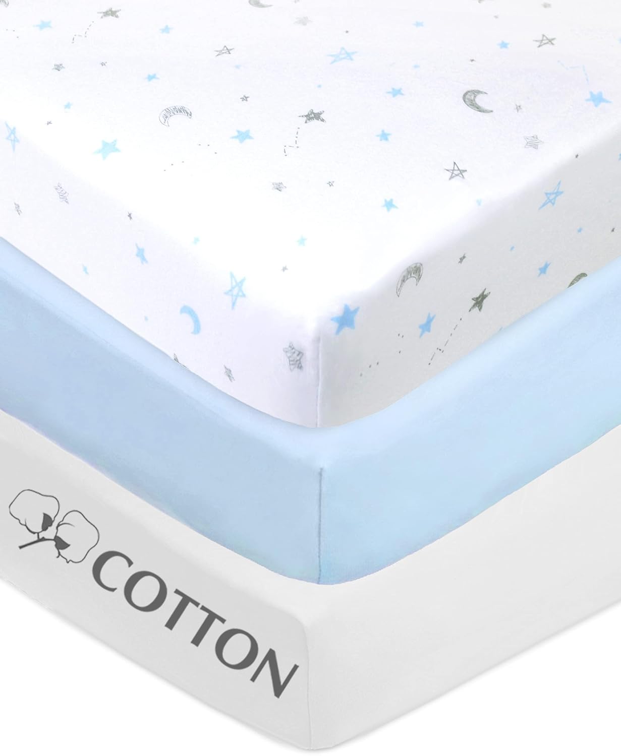 American Baby Company 3 Pack 100% Natural Cotton Fitted Crib Sheets 52" x 28" - Soft, Breathable, Hypoallergenic & Gentle Toddler Bed Sheets, Blue Stars/Blue/White, Neutral for Boys & Girls