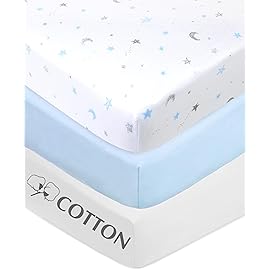 American Baby Company 3 Pack 100% Natural Cotton Fitted Crib Sheets 52 x 28 - Soft, Breathable, Hypoallergenic & Gentle Toddler Bed Sheets, Blue Stars/Blue/White, Neutral for Boys & Girls