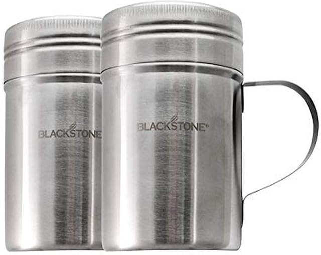 Blackstone 5072 10 Oz Stainless Steel Handle 2 Pack Versatile Dredge Shaker with Lid for Sugar, Cinnamon, Pepper, Salt, Seasonings, Spice Can Container Tins for Home, Café, Restaurant