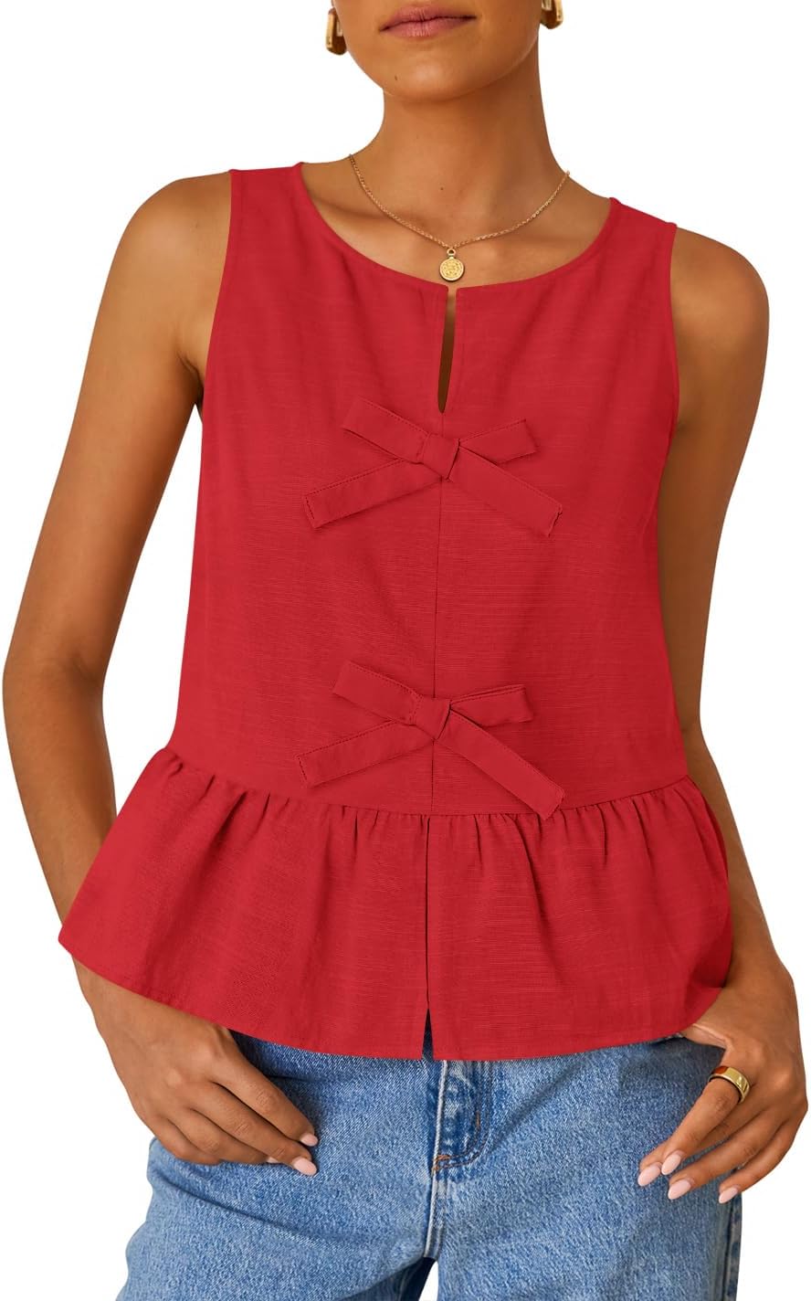 ZESICA Women's Summer Sleeveless Peplum Tank Tops 2026 Tie Front Crewneck Loose Flowy Ruffle Babydoll Going Out Shirts