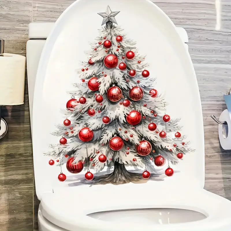 Christmas Tree Decoration Toilet Cover Sticker Decals,Fish Bird Flower Leaf Waterproof Toilet Lid Tank Seat Decals Cistern Self-Adhesive Bathroom Wall Sticker