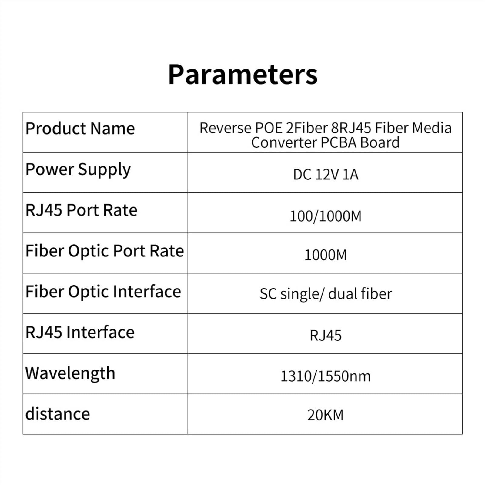 Commutateur Ethernet À Fiber Inversée 100/1000M, 20km 2F8E Gigabit PC-BA Placa Metro Optic Media Converter, Sortie De Carte 12V 1310/1550nm