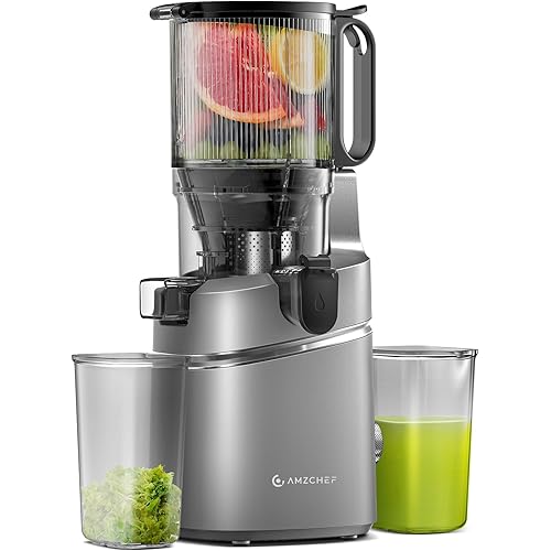 AMZCHEF Juicer Machines, 5.3" Extra Self-Feeding Cold Press Juicer for Whole Vegetable & Fruit, Juice Extractor Machine with Large Auger & Triple Strainers, Easy to Clean, High Juice Yield, Grey