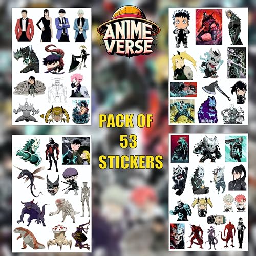 Image of AnimeVerse Pack of 53 Kaiju no.8 Anime Stickers for Laptop, Phone, Guitar, Bike, PC, | Waterproof Glossy Vinyl Decals | Residue-Free Anime Stickers Collection (Kaiju No.8)
