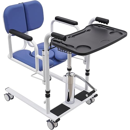330.7lbs Hydraulic Patient Lift Chair, 180° Split Seat Nursing Transfer Chair Lift Chair with Detachable Seat Cushion and Portable Potty for Hospitals Elderly/Disabled, Adjustable Heigh (blue)